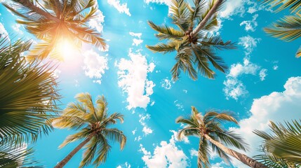 tropical summer background with palm tree on sunny sky