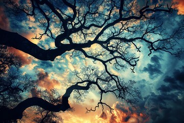 Silhouetted tree against cloudy sky, a majestic and serene natural setting with sprawling branches