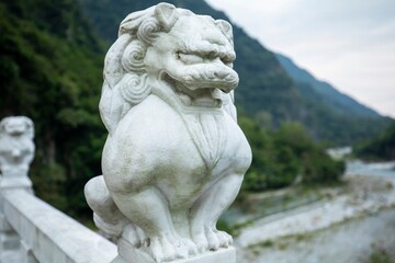 Taiwan, Hualien, Taroko, Sand Card Walk, Bridge Pier, Stone Carving Lion,