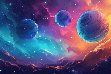 Spacethemed background with planets, stars, and a colorful nebula
