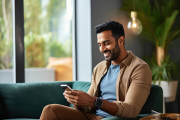 young indian man using smartphone and laughing