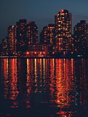 Fototapeta premium City skyline at night, bright lights against dark buildings, alive and bustling with energy