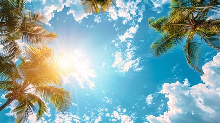 Fototapeta na wymiar palm trees on sunny sky background with copy space