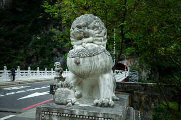 Taiwan, Hualien, Taroko, Sand Card Walk, Bridge Pier, Stone Carving Lion,