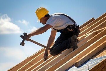 A carpenter is hammering wood on a wooden building structure under a cloudy sky
