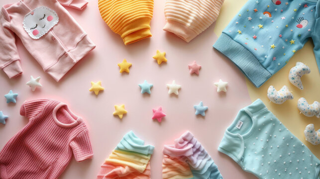 Vibrant and adorable baby outfits elegantly displayed on a cozy pastel blanket, perfect for a stylish newborn photo shoot or a thoughtful baby shower gift.