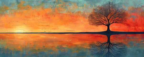 The lone tree's reflection in the calm lake captures a serene sunrise scene filled with contemplation