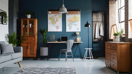Stylish interior design with retro wooden cabinet, chair, gray sofa, plants, pendant lamp,...