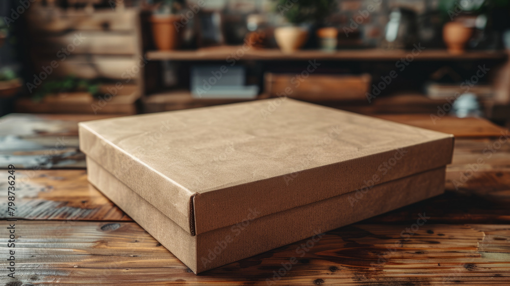Poster Visual representation of product packaging on wooden table for branding and design testing.