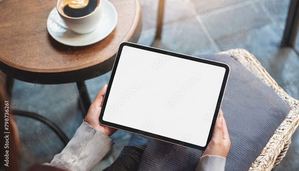 Poster tablet held by man in a cafe - mockup for application or web design - template for presentation of g