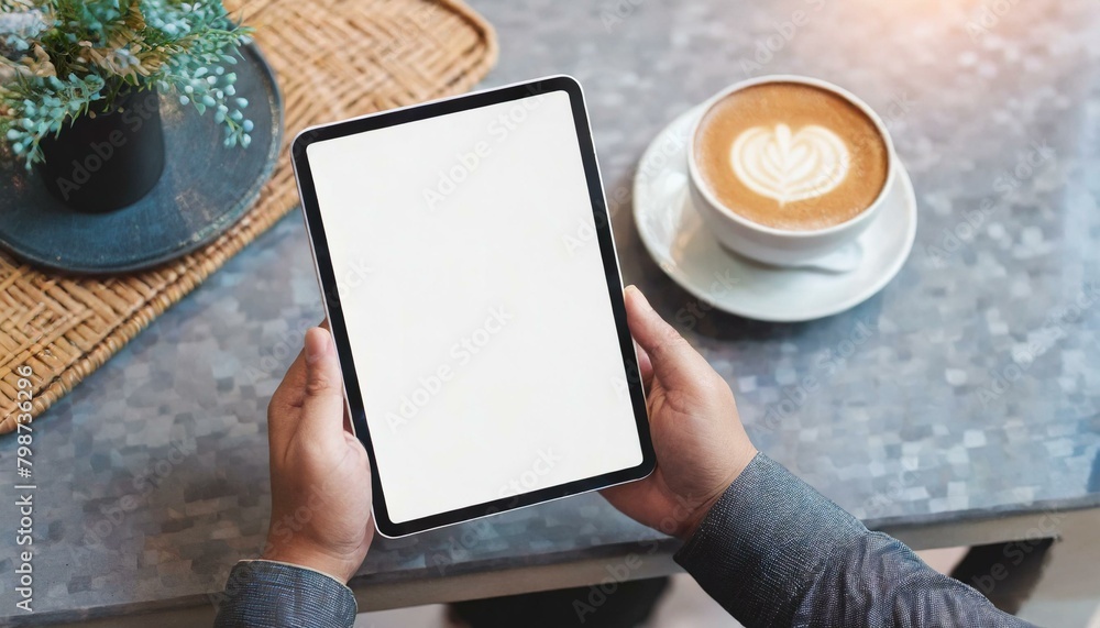 Poster tablet held by man in a cafe - mockup for application or web design - template for presentation of g