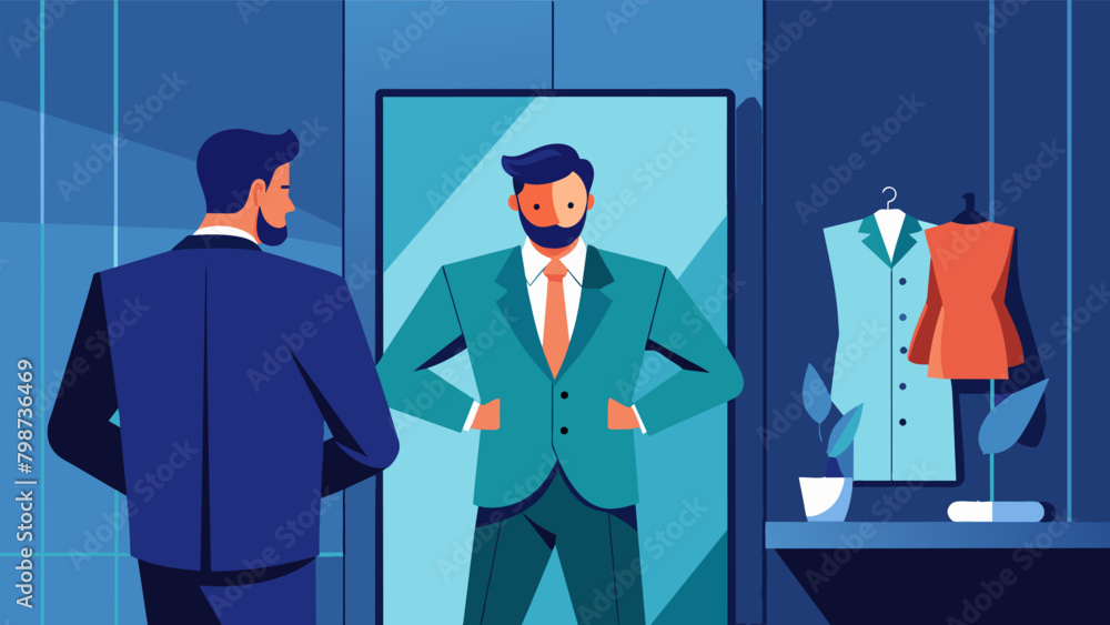 Poster in a spacious dressing room a man admires himself in the mirror satisfied with the perfect fit of hi