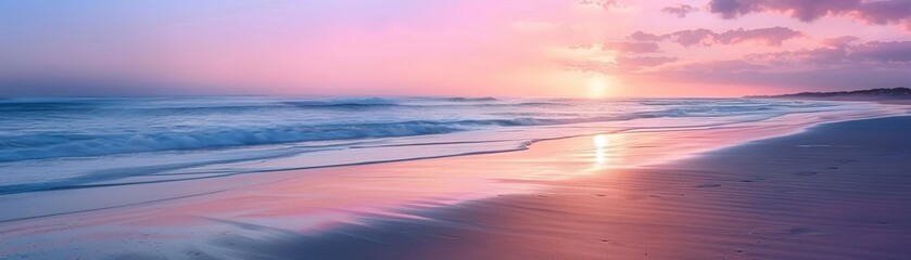 Serene beach scene at sunset with soft pastel colors and reflections in the water, ideal for a calming background