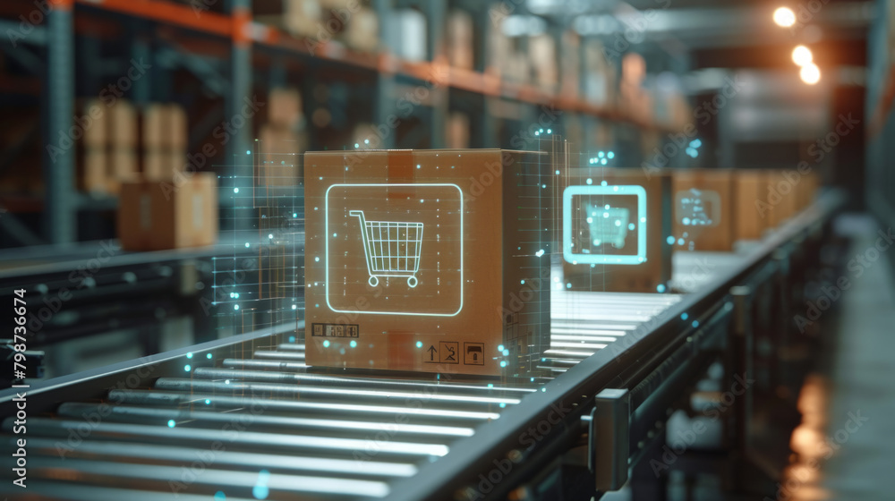 Poster the use of hologram technology in a warehouse setting for sorting cardboard boxes on a conveyor belt