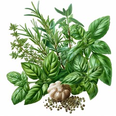 A bunch of fresh herbs, including basil, thyme, and rosemary, adding flavor and nutrients to any dish, super detailed