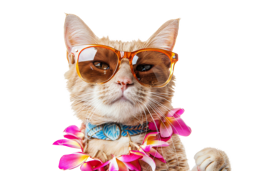 Happy smile kitty Cat wear sunglasses with summer season costume isolated on background, pets summer, lovely cat, holiday vacation.