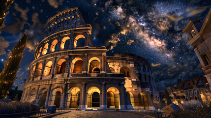 Starry Night at the Colosseum: Rome's Eternal Monument. The Roman Colosseum stands in majestic solitude under a star-studded sky, its ancient arches illuminated against the night. - obrazy, fototapety, plakaty