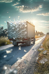Cargo truck full of ice cubes on the road in the summer countryside. Concept of summer refreshment, cargo and shipping.
