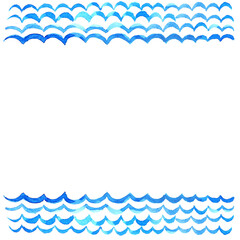 watercolor blue gradient wave pattern, hand drawn wavy lines, frame of sea theme, vacation and tourist concept, for resort blogs, tourist card and posters
