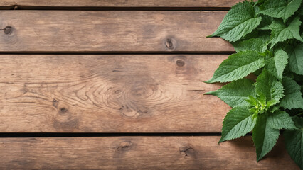 Close-up of fresh nettle leaves on a wooden table top. Top view of nettle bush. Medicinal plant for product presentation background, display, mock-up with space for text.