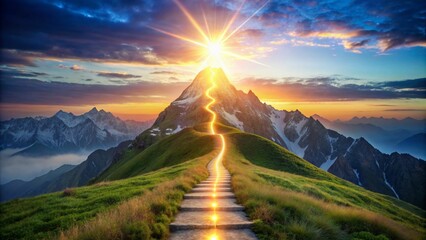glowing path to the top of the mountain, business success strategy, development and growth concept
