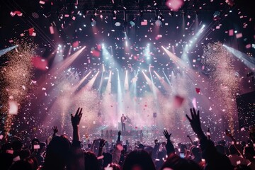 Electrifying K-Pop Concert Finale with Stage Ablaze in Twinkling Lights and Confetti Shower