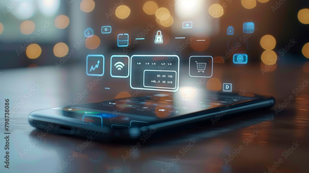 Poster illustration of various payment method icons hovering over a smartphone, symbolizing convenient and 