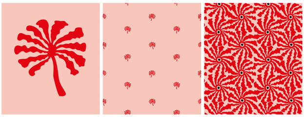 Seamless Pattern with Palm Trees and Abstract Boho Flowers. Red-Pink Tropical Endless Design for Textile, Wrapping Paper, Wall Art. Red Hand Drawn Palms on a Light Pink Background. - 798738002