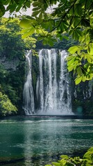 Enchanting Waterfall Cascading Into Verdant Forest River Amid Lush Foliage in Scenic Landscape