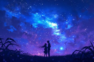 Romantic Anime Couple Stargazing: Watching the Night Sky Together, Anime Digital Art illustration for background wallpaper