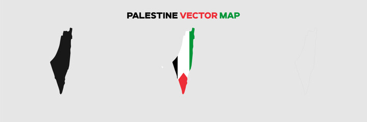 Palestine Map Vector Pack. Map with Flag. Gray Map Silhouette. Gray Outline Map. Editable EPS file. 