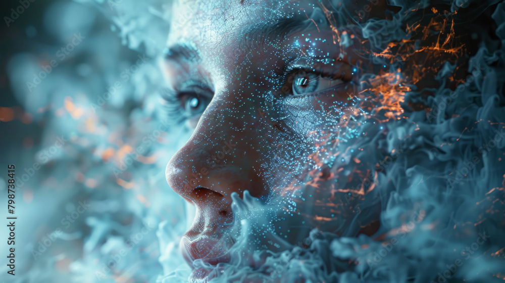 Poster fusing human and digital elements to explore the intersection of business and art in the modern worl