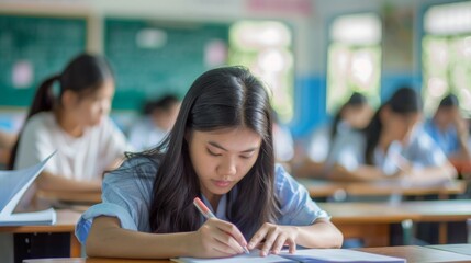 Close up of Asian student girl in her classroom at high school writing notes