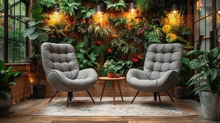 A podcast or interview setup featuring two chairs in the room
