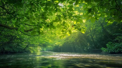 Fototapeta na wymiar Lush Green Canopy Casting Dappled Sunlight on Flowing River Beneath