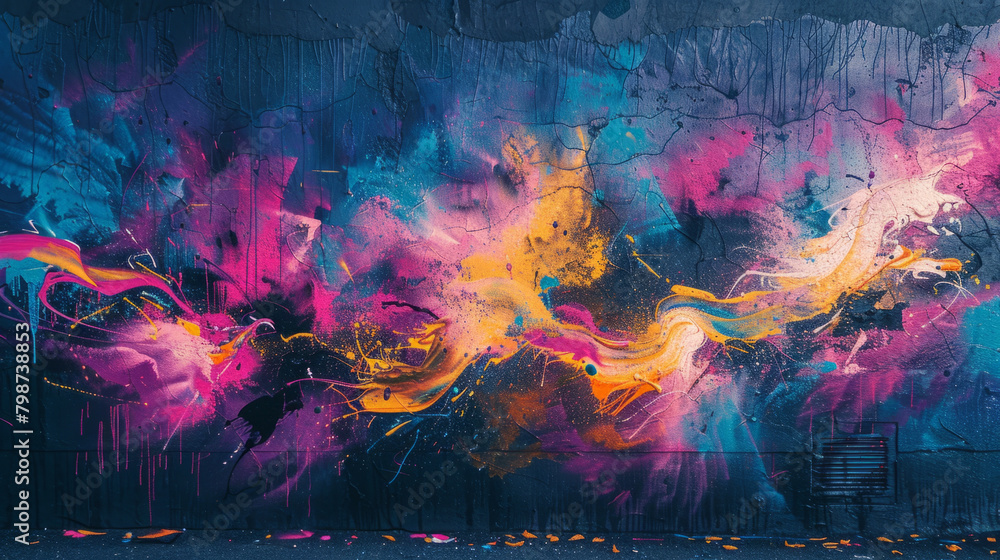 Poster abstract portrayal of distorted figures and neon splashes on a loft wall in a downtown setting.