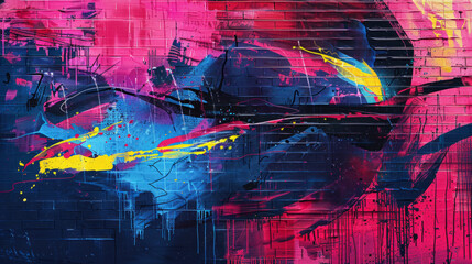 Vibrant abstract mural featuring distorted figures and neon splashes, adorning a downtown loft wall.
