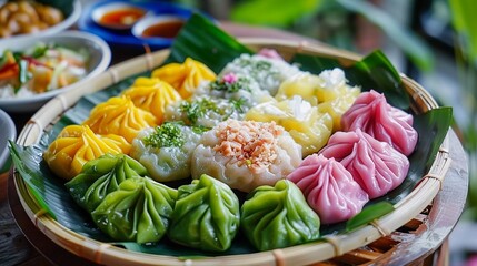 A plate of meticulously crafted Kanom Sam Pan Nee, threecolored dumplings ,