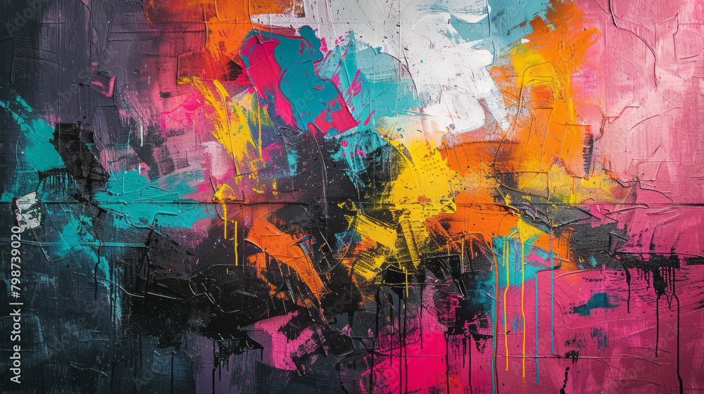 Poster a modern abstract mural featuring distorted figures and neon splashes on a downtown loft wall, creat