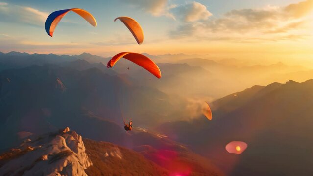 Paragliders Soar Above Majestic Mountain Landscape, Paragliders flying over mountains with the golden evening light