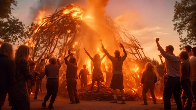 A diverse group of individuals standing together in a circle around a fire pit under a starry night sky, People dancing around a bonfire during a traditional midsummer festival