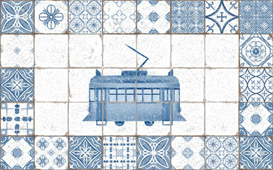 Yellow streetcar number 28 framed ceramic tiles chipped and scuffed in monochrom colors blue and white.Isolated on white background watercolor illustration.For kitchen textiles,tablecloths,postcards
