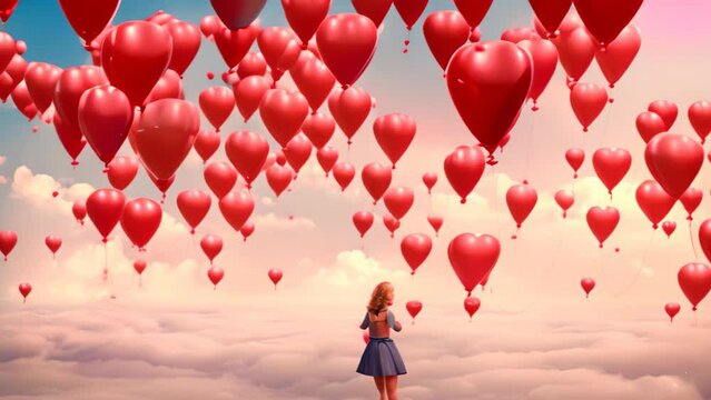 A woman stands in clouds, holding a bunch of heart-shaped balloons, Picturing heart balloons with lovable valentine messages floating away