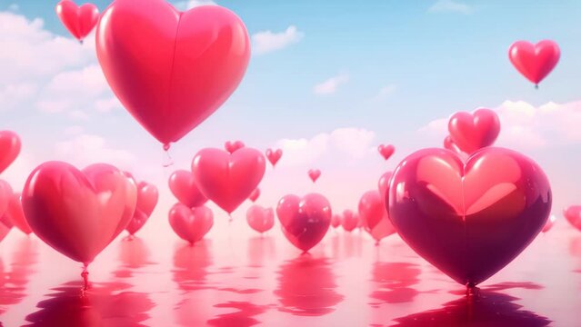 A joyful scene filled with love and celebration as a bunch of heart-shaped balloons float in the air, Picturing heart balloons with lovable valentine messages floating away