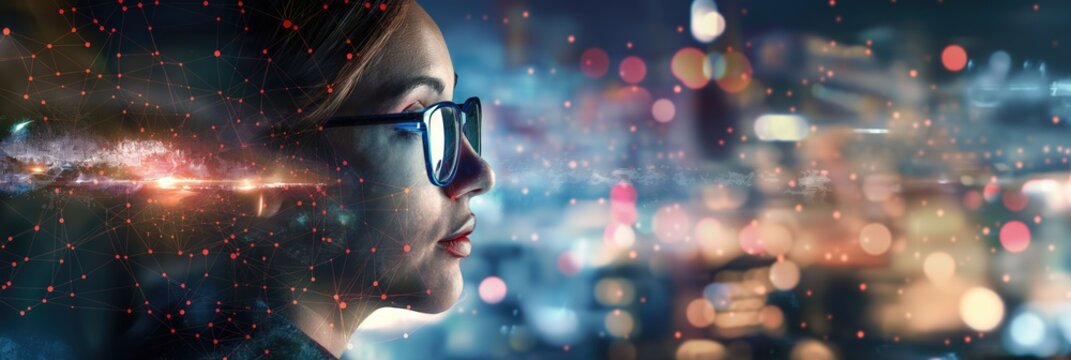 Business woman wearing glasses and science and technology background with cityscape and digital overlay innovative background for successful business development