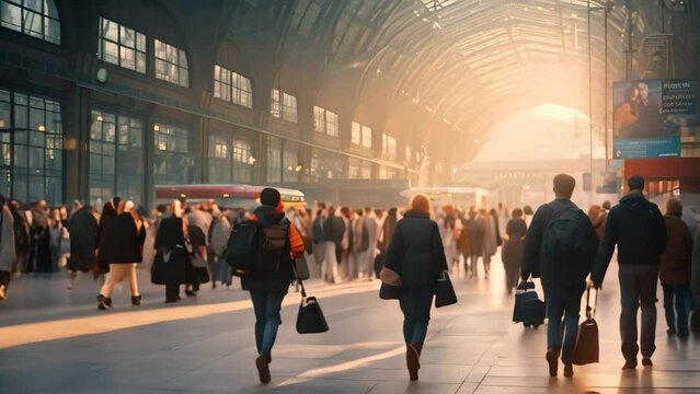 A diverse group of individuals walking through a bustling train station, Railway station full of people during the rush hour