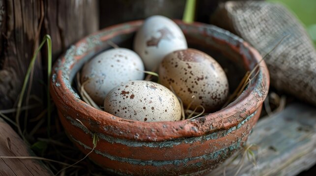 Four eggs of the grey partridge in a clay pot