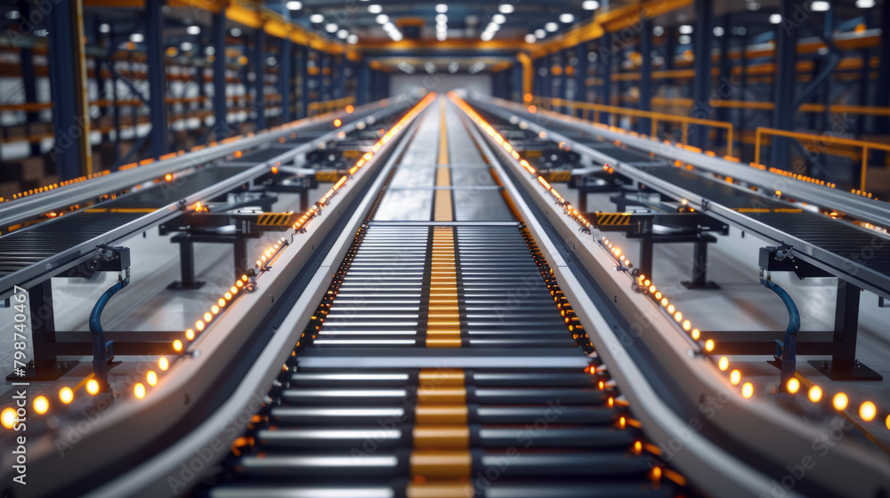 Poster a detailed overview of a large warehouse's conveyor system, highlighting its complexity and intricat