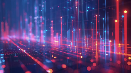 Obraz premium Illustrating economic success through glowing lines and bar graphs on an upward financial growth chart.