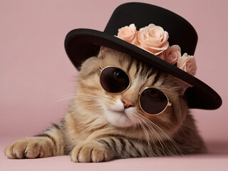 Naklejka premium Cute Cat in hat with flower and sunglasses
